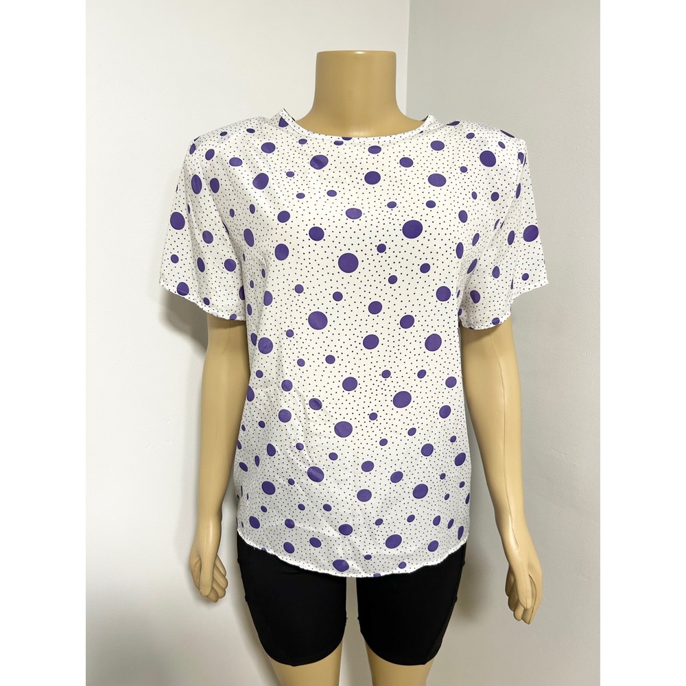 Penbrooke Lane Vintage Purple Polka Dot Short Sleeve Blouse White Size M 12/14